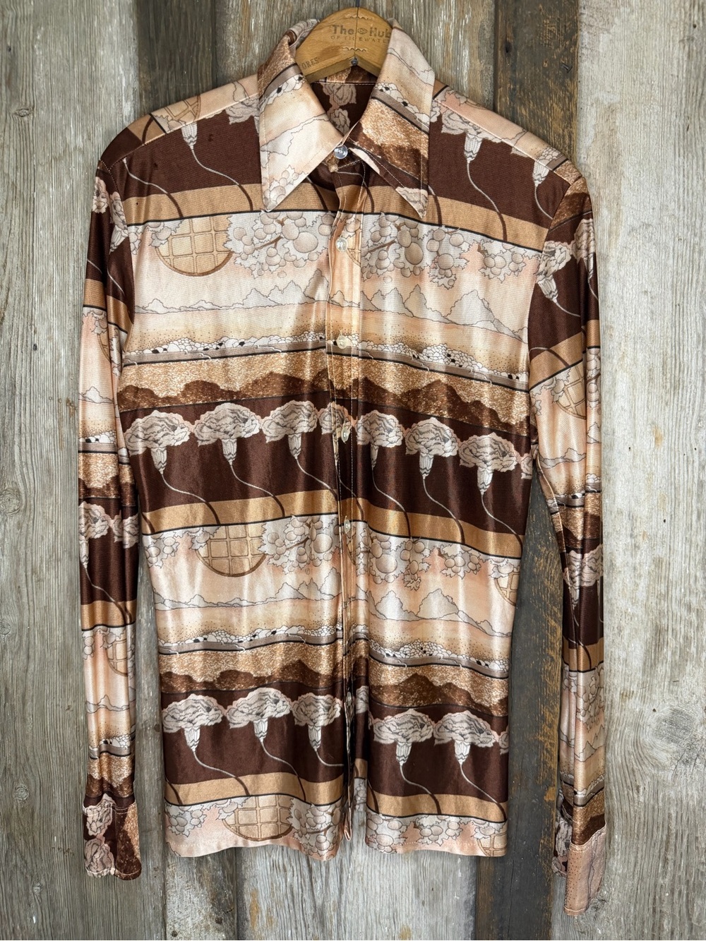 VTG 70s Scenic Floral Print Brown/Tan Button Down Shirt Groovy Retro: Sm/Med